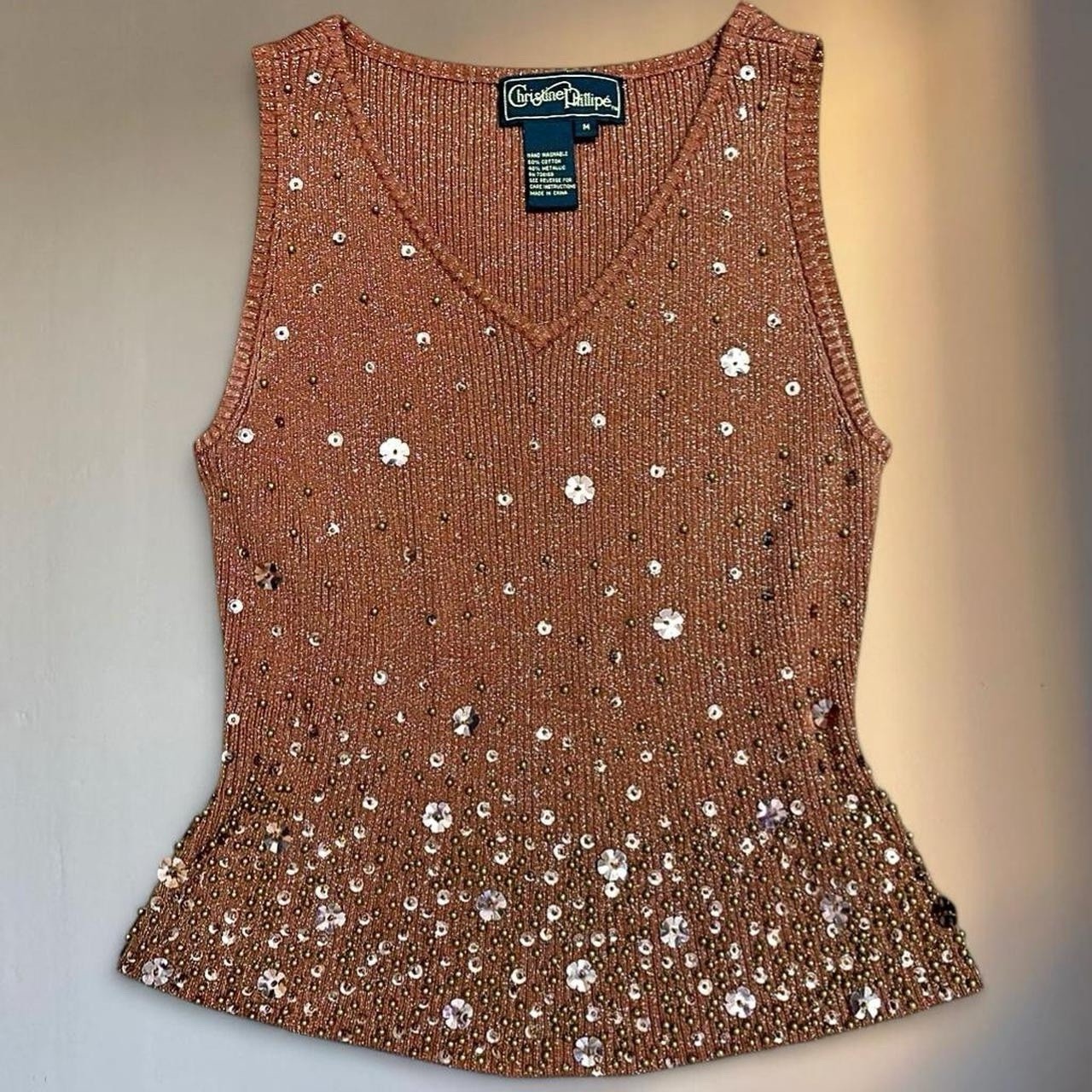 Vintage Y2K Glam Sequin Beaded Vneck Brown Gold Cotton Tank Top Sz Medium