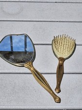 Vintage Art Deco Gold Tone Vanity Set - Ornate Hand Mirror  Hair Brush -...
