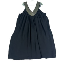 Alice & Olivia Dress Womens XS V-Neck Black Silk & Silver Shift Beaded Lined