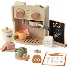 Wooden Coffee Play Set - 22PCS Pretend Play Coffee Maker Toy for Kids Age 3-8,