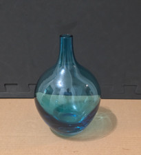 Hand Blown Art Glass Vintage Vase Aqua Blue Bulbous Bottle Long Neck 7.75"