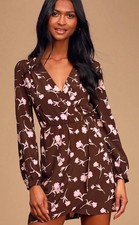 Lulus Best Bud Brown Floral Print Long Sleeve Faux Wrap Mini Dress Size Small