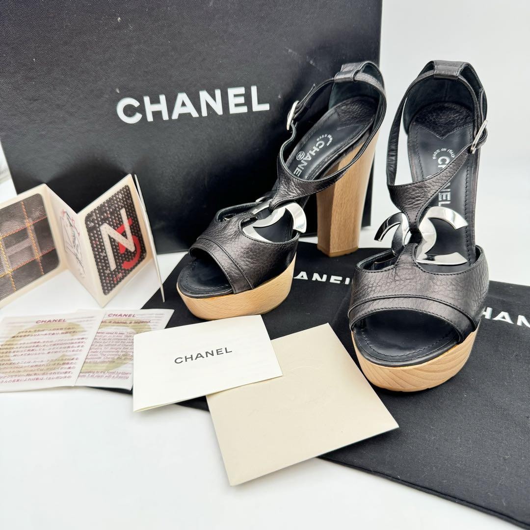 Chanel Men Sandals 4.0US Black Leather Coco Mark Wood Stone Vintage