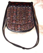 Vintage 1960 Catalan Bakelite Black Leather Velour TAPESTRY Purse Shoulder Bag