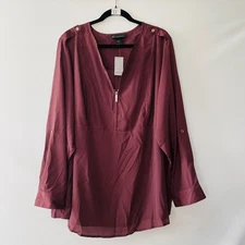 NWT Lane Bryant Womens Maroon Red 1/4 Zip Casual Chic Blouse Top Size 26/28