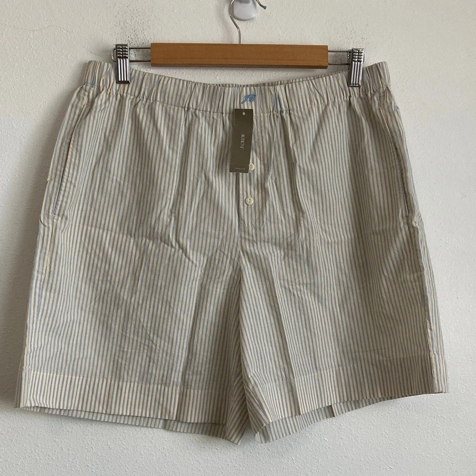 J Crew Mujer Algodón Popelina Largo Boxer Corto a Rayas Mediano Plátano Color Crema Foto 2 de 4