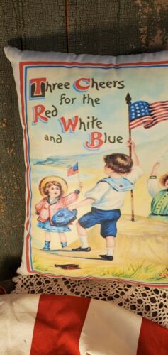 VINTAGE VICTORIAN ANTIQUE BOY GIRLS BEACH PATRIOTIC AMERICA FLAG USA PILLOW - Picture 2 of 7