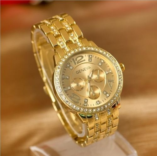 Gold Hot Fashion Damen Kristall Luxus Stahl Armband Designer Uhr Genf - Bild 1 von 1