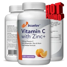 Vitamin C & Zinc Capsules Complex Supplement Vegetarian 1000mg 120 Capsules