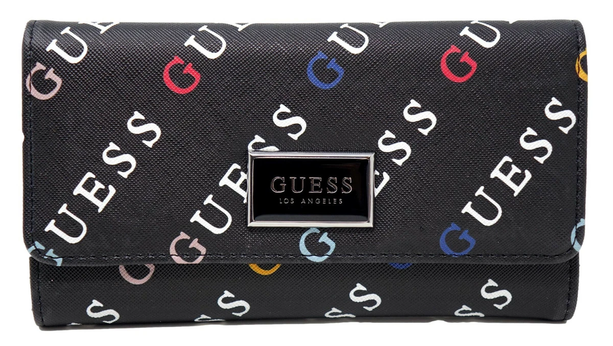 NEW GUESS Women s Abree Black Rainbow Multi Logo Print Trifold