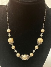 Late Victorian silver over brass faux pearl, crystal, rhinestone chain necklace,