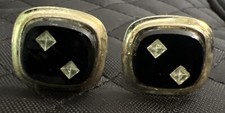 VINTAGE GOLD TONE CUFF LINKS  BLACK ONYX  Clear Gem Stone CHIPS