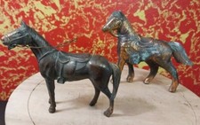 Vintage SET OF 2 Cast Iron Brass Standing Moving Bridle Horse Figurines