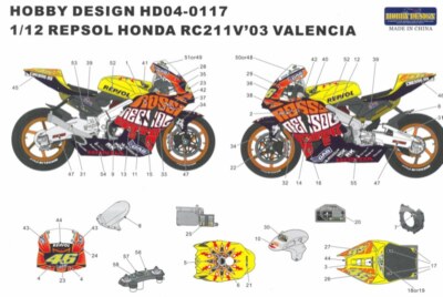 Hobby Design 1/12 Honda RC211V Repsol Valencia 2003 full decal for Tamiya 10521