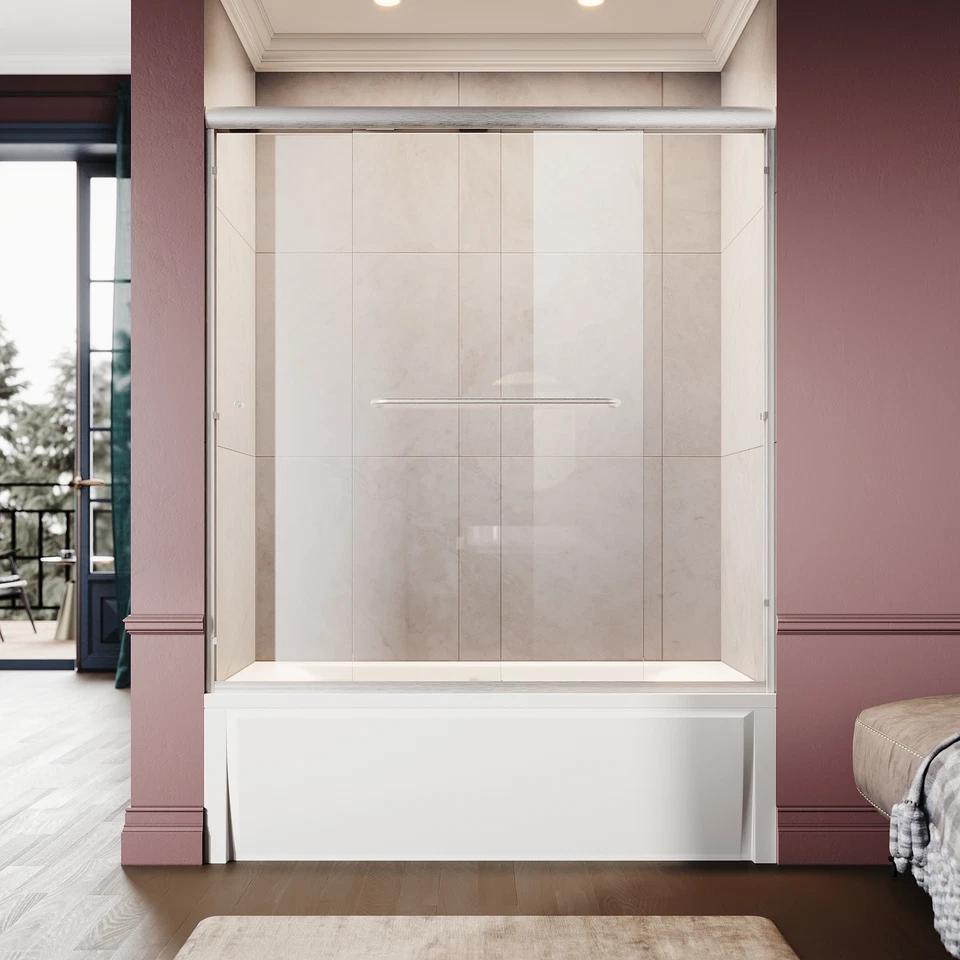 Элегантная двойная раздвижная дверь для душа 60 дюймов ширина x 62 дюйма высота 1/4 дюйма прозрачное стекло матовое - Изображение 2 из 4