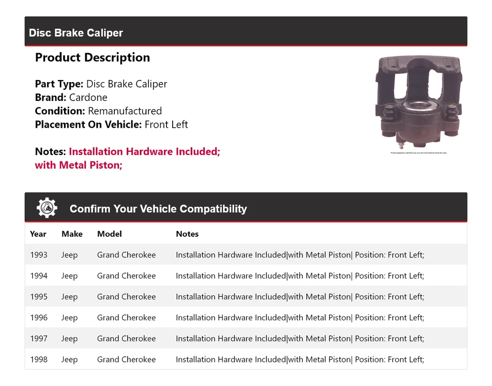 For 1993-1998 Jeep Grand Cherokee Disc Brake Caliper Front Left Cardone 1994 - Image 2 of 4