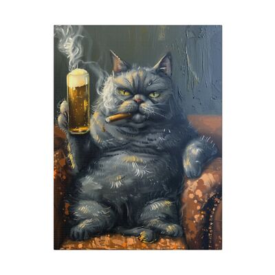 Gray Cat Smoking a Cigar w/ A Cold Brew - Wall Canvas Art Picture Painting Print