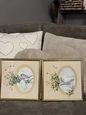 2 Original Vtg Robins Framed Matted Painting Patti Milburn Granny Core Limited