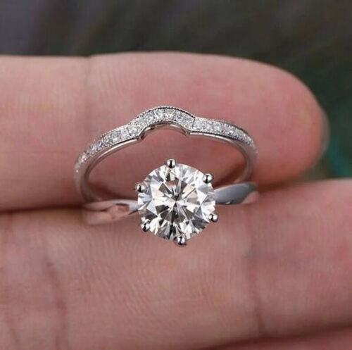 2.20 Ct Round Cut Lab-Created Diamond Engagement Ring Set 14K White Gold Plated - Picture 1 of 5