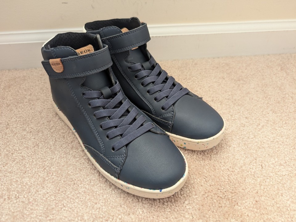 NWOB GEOX Boys Breathable HookandLoop HighTop Sneakers, Navy, Sz EU