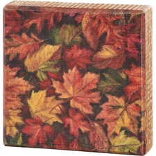 Primitives by Kathy Fall Leaves Block Sign Colors Thanksgiving Tier Tray Decor