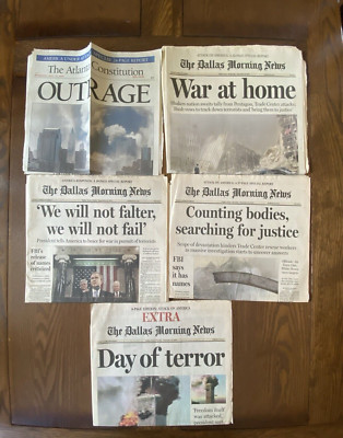 Newspaper Headlines 9/11 Dallas Morning News Atlanta Constitution Lot of 5