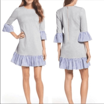 Eliza J Gray Ponte Knit Blue White Ruffle Trim Dress Size 10