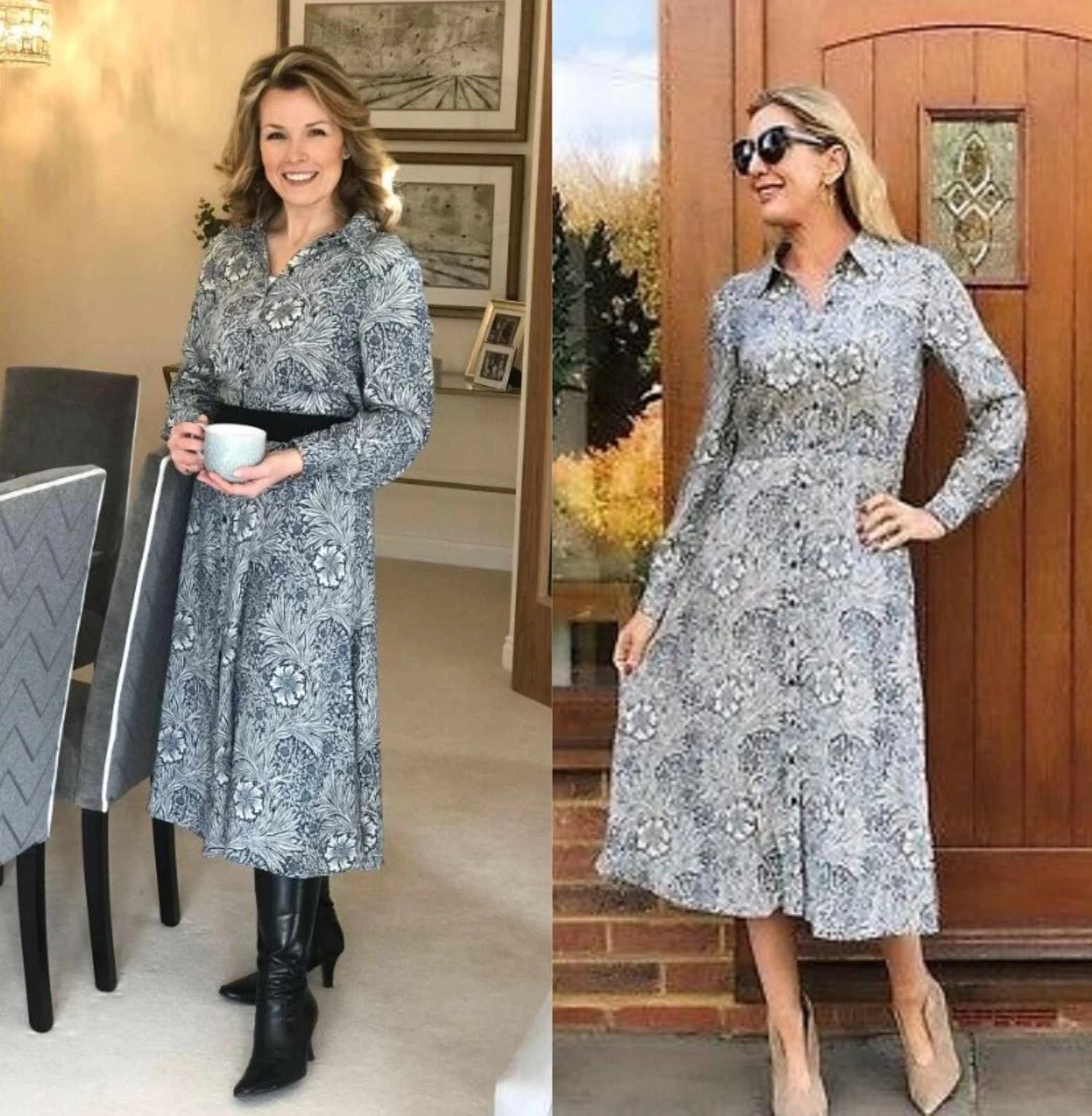 H M William Morris Co Blue Floral Midi Long Sleeve Shirt Dress UK 12 EU 40