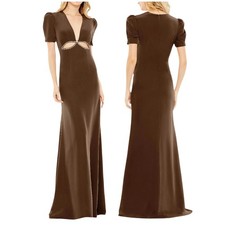 Mac Duggal NWT Plunge Neck Puff Sleeve Beaded Cut Out Gown Brown Espresso Size 2