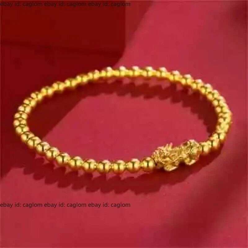 Pure 24K Yellow Gold 999 Dragon Pixiu 4mm Beads Women Bracelet Bangle 2.1-2.3g - Image 3 of 4