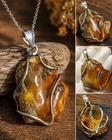 Grand pendentif en véritable ambre naturel brut serti argent 925 – Pièce unique