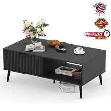  Rectangle Coffee Table w/ 2-Tier Storage Modern Sliding Door Large Center Table