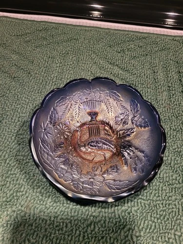 Northwood Carnival Glass Peacock & Urn Cobalt Blue Small 5 1/2” Ice Cream Bowl
