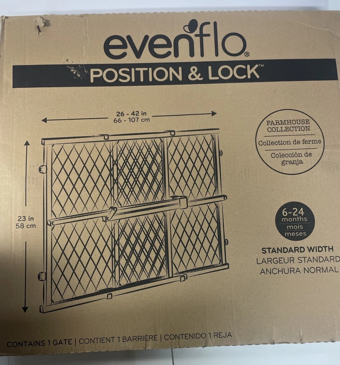 Evenflo Dark Wood Farmhouse collection 26-42 inch position lock baby gate. New