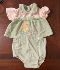 Vtg Infant Girls Dress  Bloomers 0-3M Green Gingham Embroidered 1960s /70s