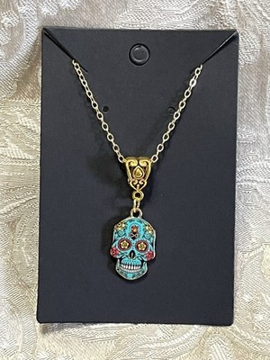 Sugar Skull Day Of Dead Charm Gold 18  Necklace Halloween Fashion Fun