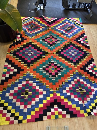 Vintage Handmade Vibrant Multicolor Patchwork Quilt Wall Hanging 91” X 68”