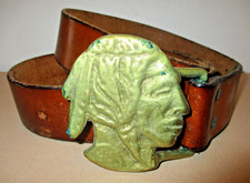 VINTAGE--1970'S - 32"-36" LEATHER BELT WITH SOLID BRASS INDIAN CHIEF BELT BUCKLE