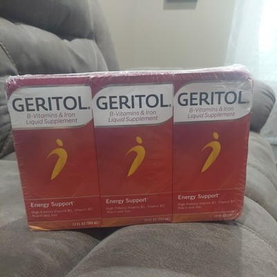 Sealed lot 3 Geritol Liquid Energy Support High Potency B Vitamins Iron 12oz 