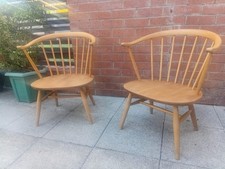 Ercol Cowhorn Low Chairs Solid Beech and Elm Wood Vintage Free Delivery π