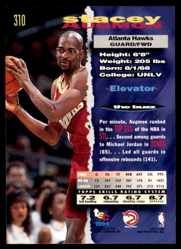 1993-94 Stadium Club #310 Stacey Augmon Hawks - Image 2 of 2