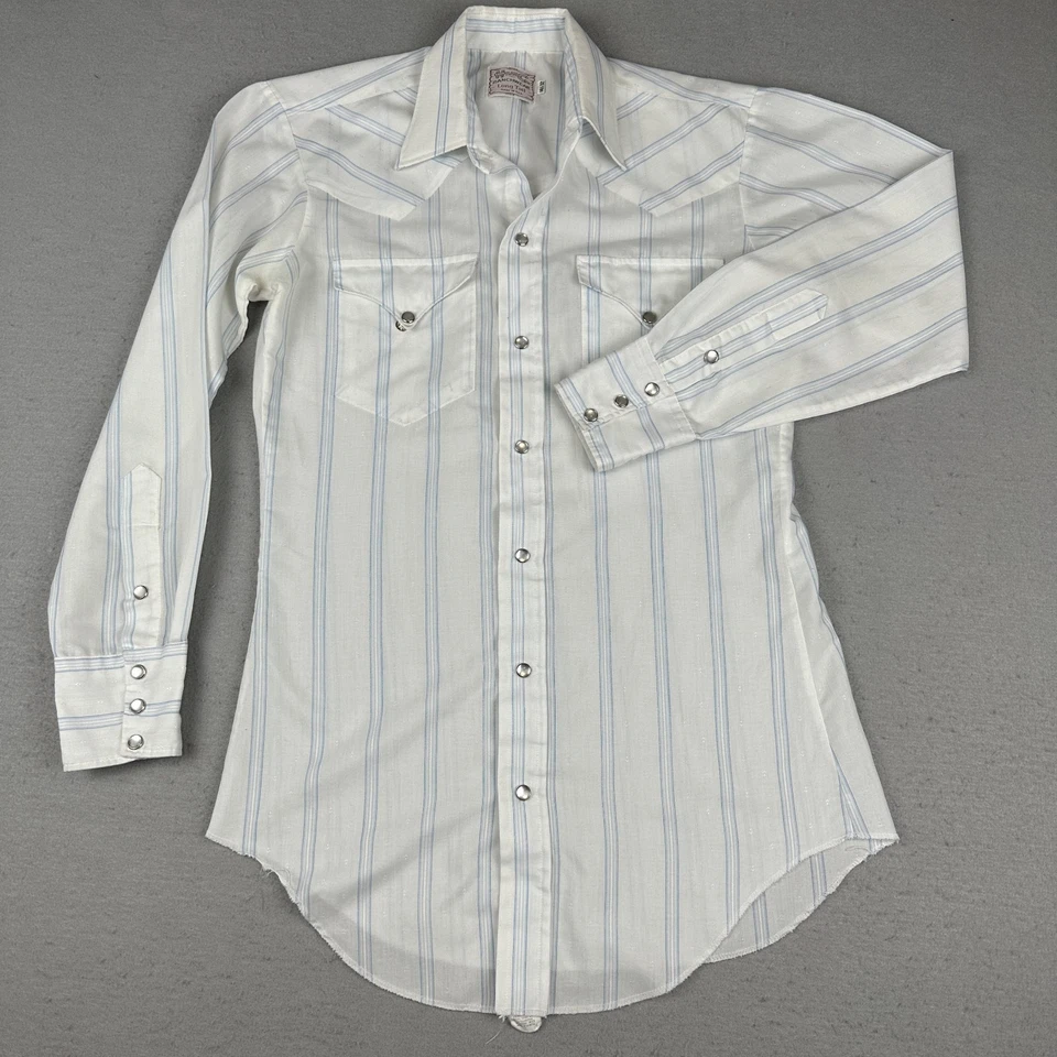 Vintage H Bar C Western Shirt Mens 14.5 S Ivory Striped Long Tail Pearl Snap 70s - Image 4 of 4