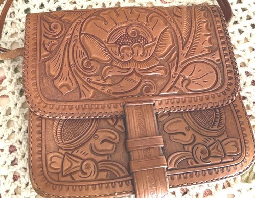 Vintage handbesetzte große Leder Handtasche Boho Need Conditioning Stiff Leather - Bild 1 von 8