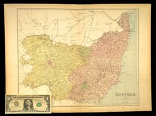 c1876 Antique SUFFOLK County Map Ipswich England Lowestoft Bury St Edmunds