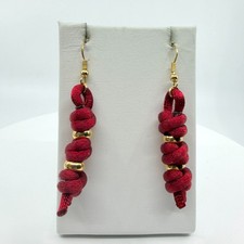 Vintage Y2K Red Satin Cord Knotted Dangle Earrings Gold Tone Bead Accents Retro