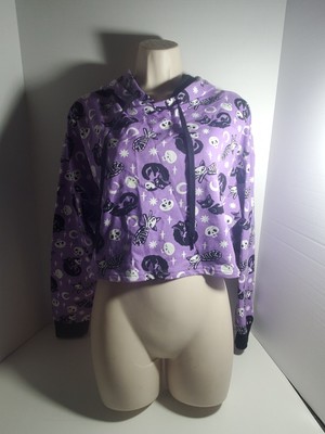 Killstar Black Cat Goth Purple Crop Top Hoodie Size Medium M NWT