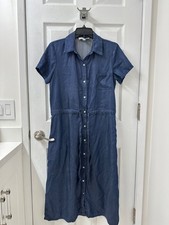 Amour Vert Blue Chambray Tiny Dot Drawstring Waist Dress Size M Women