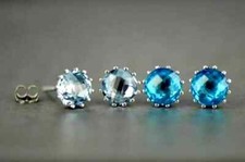 14k White Gold 7mm Birthstone Push Back Stud Earrings with Checkerboard CZ Stone