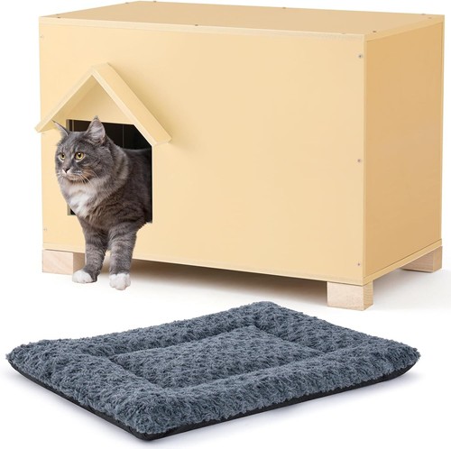 Sturdy Wooden Outdoor Cat House - Feral Shelter with Escape Door & Warm Bed