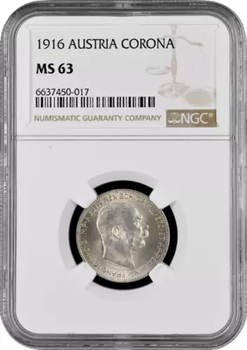 Austria 1 corona 1916, NGC MS63, "Emperor Franz Joseph I (1848 - 1916)" silver